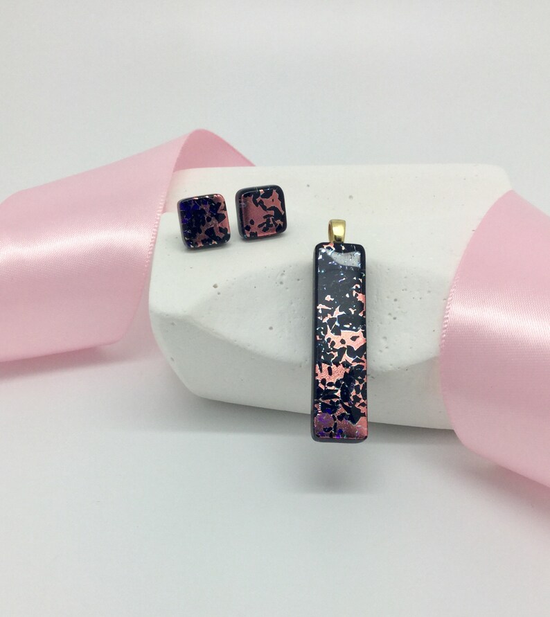 Pendant and Earrings Set-Rose Gold and Black Dichroic Glass Pendant and Stud Earrings Set