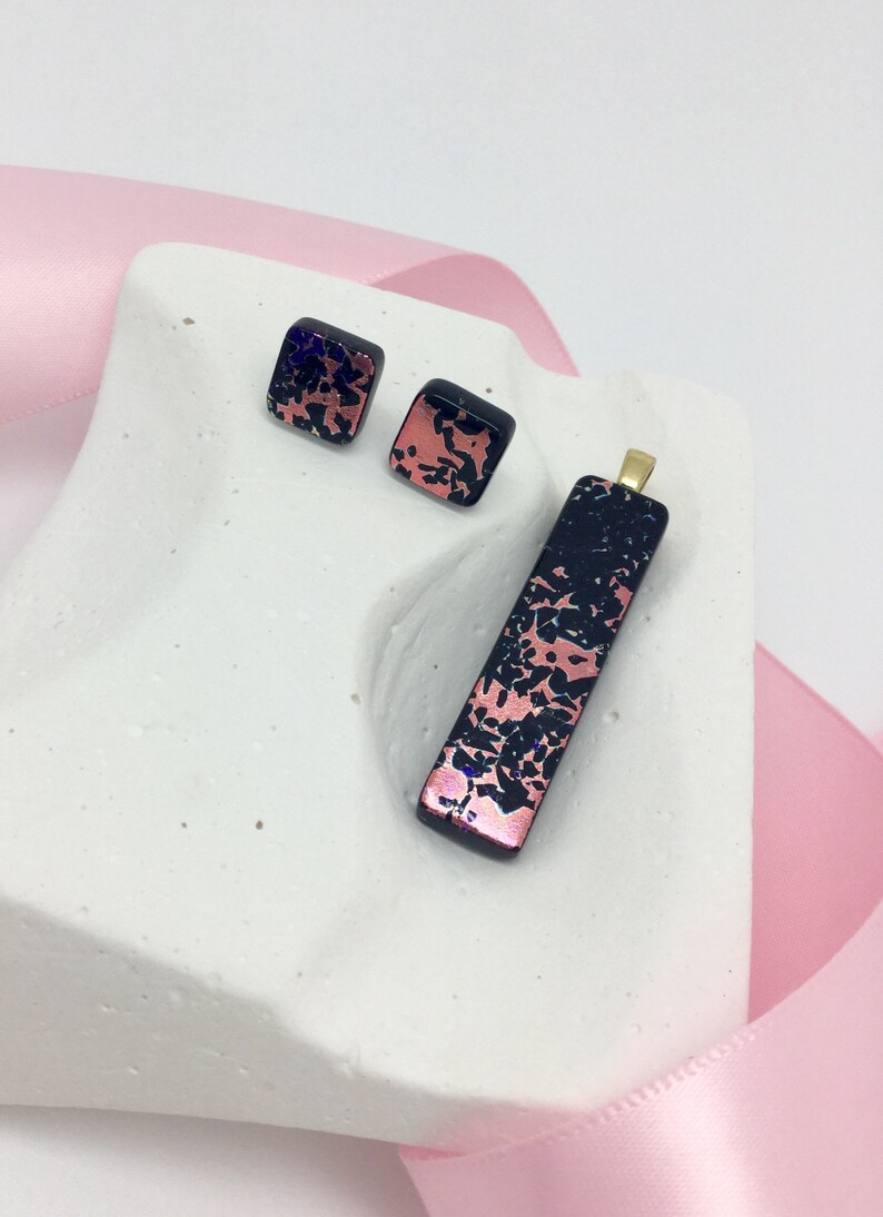 Pendant and Earrings Set-Rose Gold and Black Dichroic Glass Pendant and Stud Earrings Set