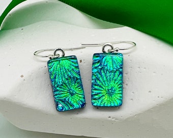 Handcrafted Dichroic Glass Earrings-Emerald & Turquoise Floral Earrings-Handmade Fused Glass Jewelry-Flower Earrings with Sterling Ear Wires