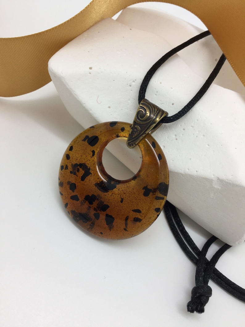Amber And Black Glass Donut Pendant Large Faux Tortoise S Image 0