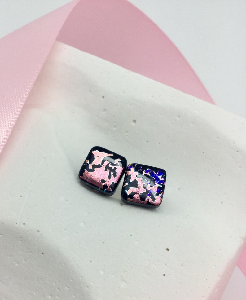Pendant and Earrings Set-Rose Gold and Black Dichroic Glass Pendant and Stud Earrings Set