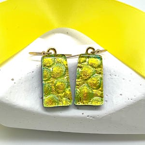Dichroic Glass Drop Earrings: Gold & Aqua Circle Pattern, Handmade Jewelry