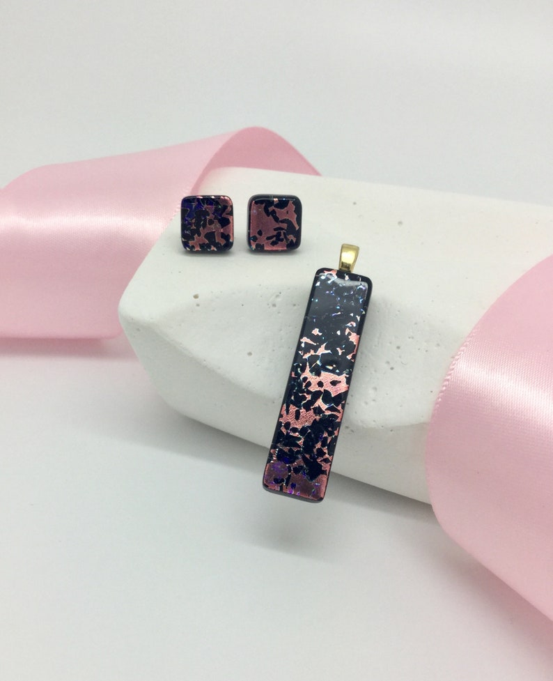 Pendant and Earrings Set-Rose Gold and Black Dichroic Glass Pendant and Stud Earrings Set
