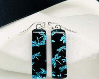 Handcrafted Dichroic Glass Earrings-Turquoise Dragonfly Dangle Earrings-Handmade Glass Jewelry-Long Blue & Black Insect Earrings-Bestseller