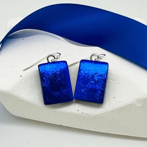 Handcrafted Cobalt Blue Dichroic Glass Earrings: Iridescent Dangle Earrings & Sterling Silver Ear Wires-Minimalist Jewelry
