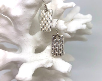 Handcrafted Fine Silver Earrings-Basketweave Pattern Earrings-99.9% Pure Silver-Handmade Silver Jewelry-Unique Delicate Tab Earrings
