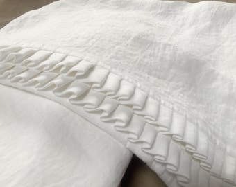 White Linen Pillow Sham with Pleated Border, European linen, Vintage Washed, soft