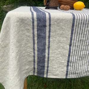 French country Linen Tablecloth: Navy Stripe, French farmhouse style, Oeko Tex Certified linen, many colors, ships fast! image 4