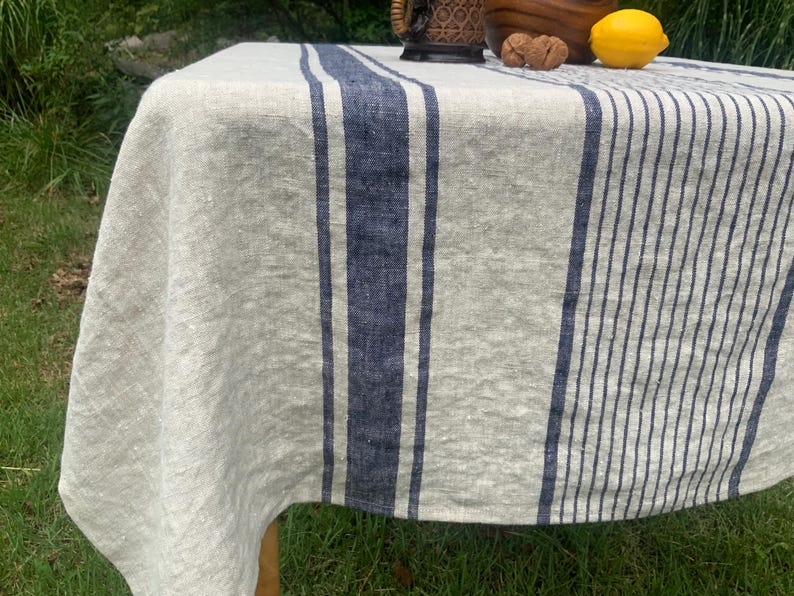 French country Linen Tablecloth: Navy Stripe, French farmhouse style, Oeko Tex Certified linen, many colors, ships fast! image 4