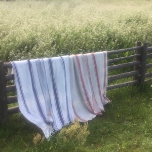 May include: Two rectangular woven textiles draped over a wooden fence. One textile features vertical blue stripes on a white background, while the other displays vertical red stripes on a white background. Both items have fringed edges at the bottom.