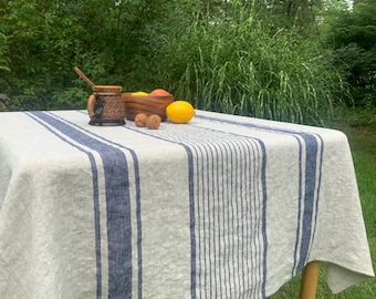 French country Linen Tablecloth: Navy Stripe, French farmhouse style, Oeko Tex Certified linen, many colors, ships fast!