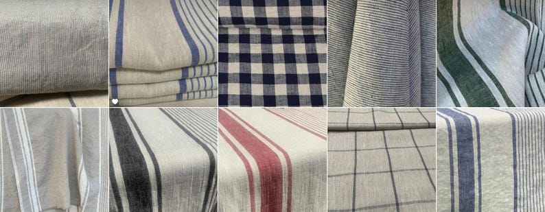 May include: A collection of ten fabric swatches featuring various patterns including blue and white stripes, navy and white gingham checks, thin pinstripes, dark green stripes, red stripes, and grey grid patterns on a light beige or off-white textile base.