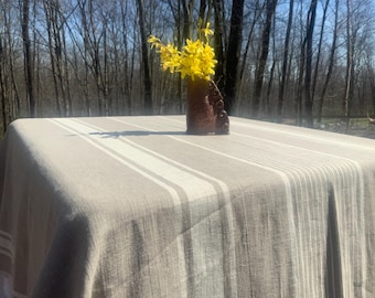 French Country Striped Tablecloth: Heavyweight 265gsm European Linen, natural/greige, earth tone color, many colors available