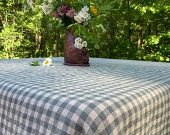 French country Linen Tablecloth: woven checks in green and natural linen.  European Oeko Tex Certified linen.