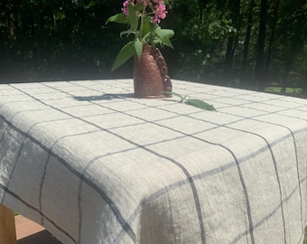 French country Linen Tablecloth: natural with dark grey checks, French farmhouse style, Oeko Tex Certified linen, ships fast!