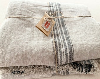 Rustic Linen Blanket: French Farmhouse Bedspread with Black Stripe