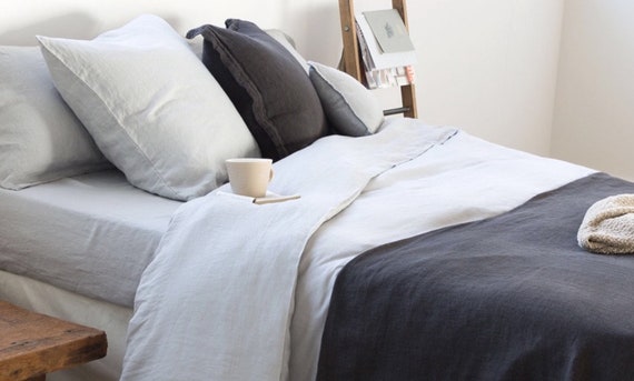 Sale Light Grey Linen Duvet Set King Queen Sizes 100 Pure Etsy