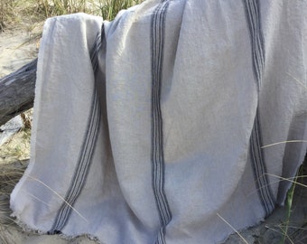 Heavy weight Linen blanket in Natural/ black stripe. luscious, chunky, washed, softened linen, stylish blanket/ bed throw
