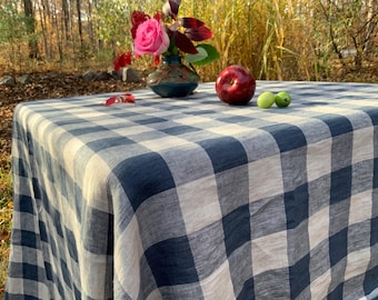 French Farmhouse Linen Tablecloth: Navy Gingham Check, European Linen