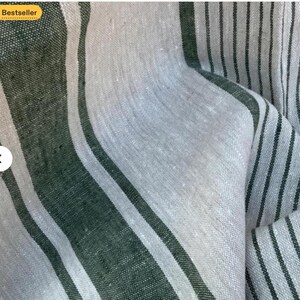 May include: A woven fabric featuring a pattern of wide forest green stripes alternating with light gray sections. The light gray areas are detailed with thin, dark vertical pinstripes, creating a textured appearance with visible natural fiber weave.