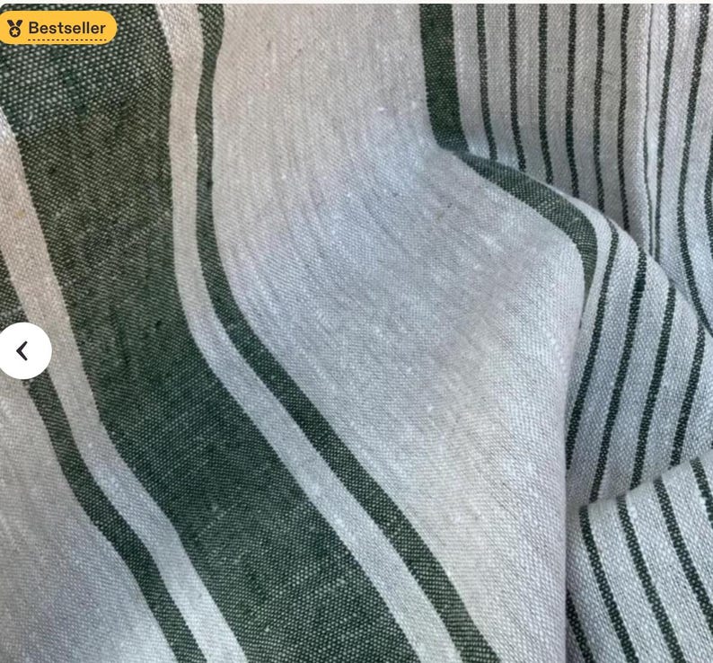 May include: A woven fabric featuring a pattern of wide forest green stripes alternating with light gray sections. The light gray areas are detailed with thin, dark vertical pinstripes, creating a textured appearance with visible natural fiber weave.