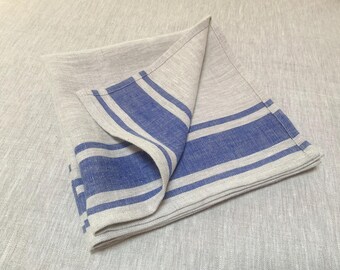 Large Linen Napkin 20x20": European Flax, Natural linen with stripe in Blue, or Black, or Green, or Burgundy. Set of 1, 2, 4 or 6
