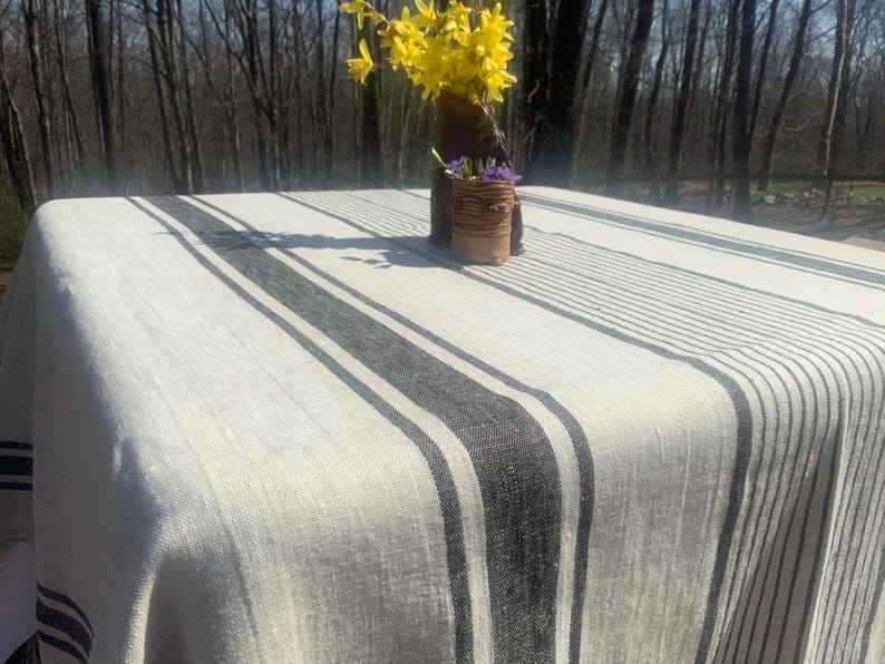 French country Linen Tablecloth: Navy Stripe, French farmhouse style, Oeko Tex Certified linen, many colors, ships fast! Natural black str.