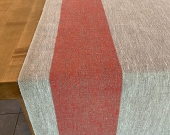 European Linen Table Runner: Rustic Natural Terracotta Stripes, French Farmhouse Style