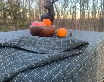 Green Linen Tablecloth: European Woven Check, Farmhouse Style, made to order