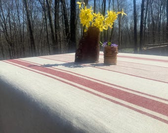 French Country Striped Tablecloth: Heavyweight 265gsm European Linen, Burgundy wine stripes on Natural background