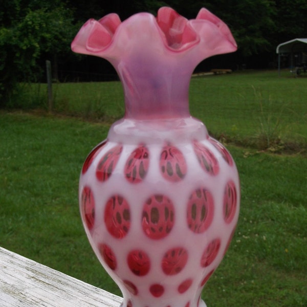 Fenton Cranberry Opalescent Coin Dot Vase