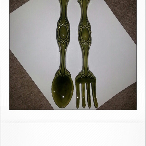 Vintage Arnels Pottery Large Olive Green Fork and Spoon Wall Hanging Decor Ceramic 1960's or 1970's