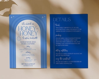 May include: Blue and white invitation for a bachelorette party with the text "Let's celebrate our Honey Honey, it's Sophie's bachelorette!"  The invitation includes the dates August 18-20, 2023, and the location Malibu, California.  The invitation also includes a schedule of events for the weekend.