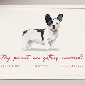 Cartão postal de buldogue francês em aquarela, salve a data, rosa vintage, 5,5" x 4,3" modelo Canva personalizável frente e verso, download digital