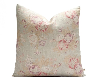 Cabbages and Roses Tulips and Roses Designer Grey Blue Pink Linen Cushion Cover