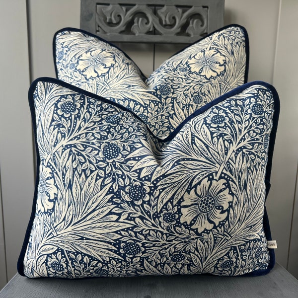 William Morris Marigold Luxury Designer Fabric Vintage Blue Floral Cushion Pillow Cover