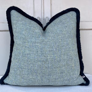 Harris Tweed  Luxury Designer Soft Green Double Sided Fringe Wool Cushion Sofa Throw Pillow