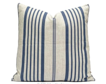 Cabbages and Roses Jolly Stripe Designer Linen Fabric Blue Cushion Pillow Cover