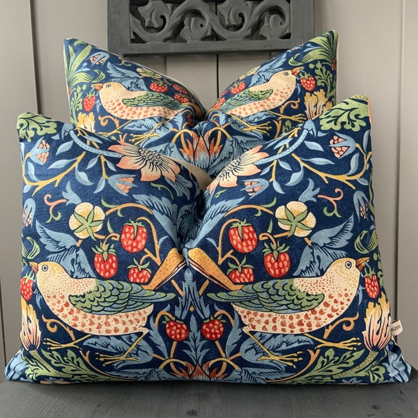 William Morris Fabric Cushion Cover "Strawberry Thief" Dark Blue Designer Sofa Throw Pillow