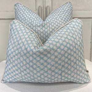 Puede incluir: Dos almohadas de tiro azul y blanco con un borde de color crema. Las almohadas tienen un patrón geométrico de pequeños círculos.