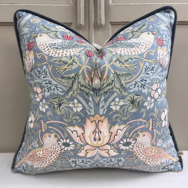 William Morris Fabric Cushion Cover Strawberry Thief Slate Blue Designer Sofa Throw Pillow