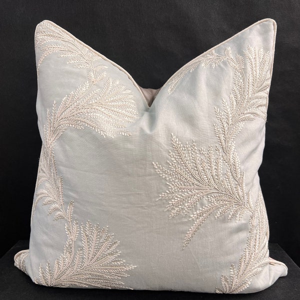 Colefax and Fowler Lavinia Luxury Designer Embroidered Pale Blue Neutral Cushion Pillow Cover