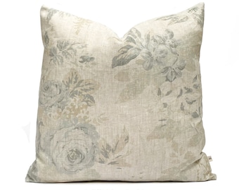 Cabbages and Roses Mary Vintage Designer Linen Fabric Pale Blue Sage Green Cushion Pillow Cover