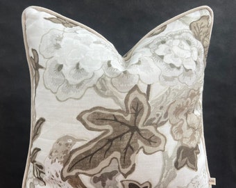 Schumacher Luxury Designer Bermuda Blossoms Beige Grey Cushion Pillow Sofa Cover