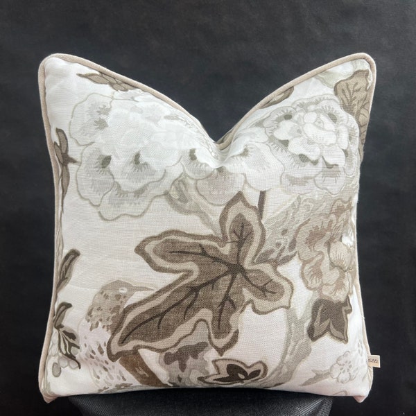Schumacher Luxury Designer Bermuda Blossoms Beige Grey Cushion Pillow Sofa Cover