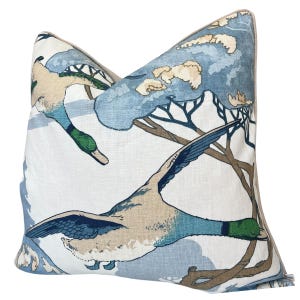 Luxury Designer Mulberry Flying Ducks Blue Neutral Cream Luxury Cushion Pillow Cover