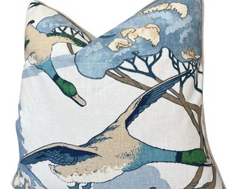 Luxury Designer Mulberry Flying Ducks Blue Neutral Cream Luxury Cushion Pillow Cover Square