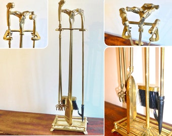 Vintage Brass Equestrian Horse Head Handles Fireplace Tool Set with Stand Vintage Western Equestrian Brass Fireplace Tool Set with Stand MCM