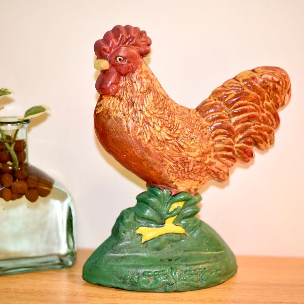 Antique Cast Iron Rooster Painted Doorstop Chicken Doorstop Hand Painted Primitive Rustic Hen or Chicken Grass Country Farmhouse Doorstop