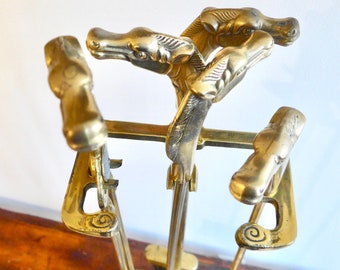 Vintage Brass Equestrian Horse Head Handles Fireplace Tool Set with Stand Vintage Western Equestrian Brass Fireplace Tool Set with Stand MCM